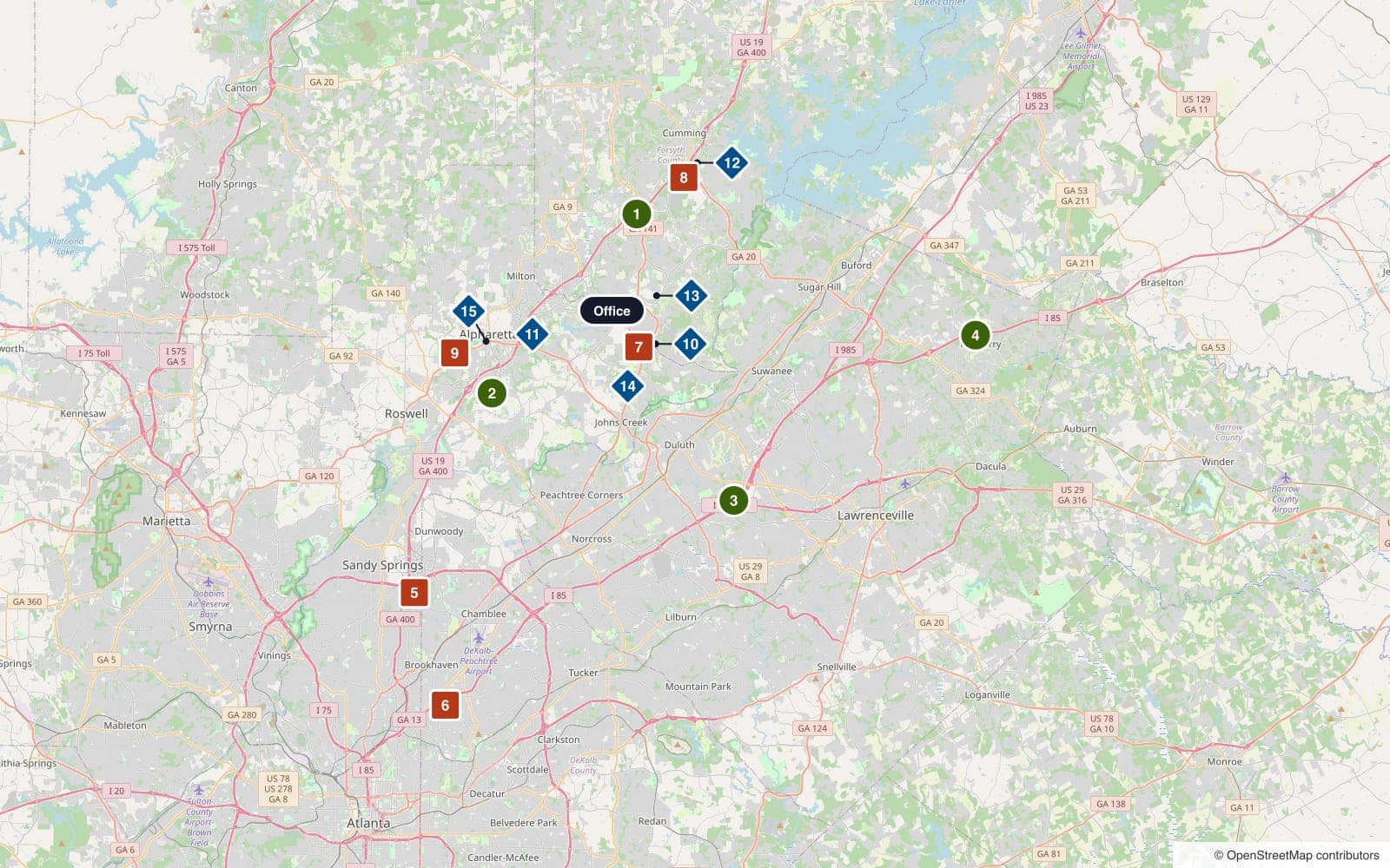 Map of north metro Atlanta with numbered pins for the urgent cares, emergency departments and labs listed on this page, and the Dare2Care Pediatrics office on McGinnis Ferry Road