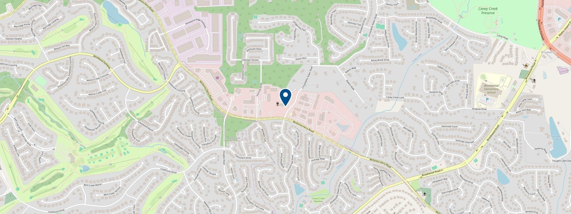 Map showing Dare2Care Pediatrics at 5460 McGinnis Village Place, Alpharetta, near GA-400 and Windward Parkway
